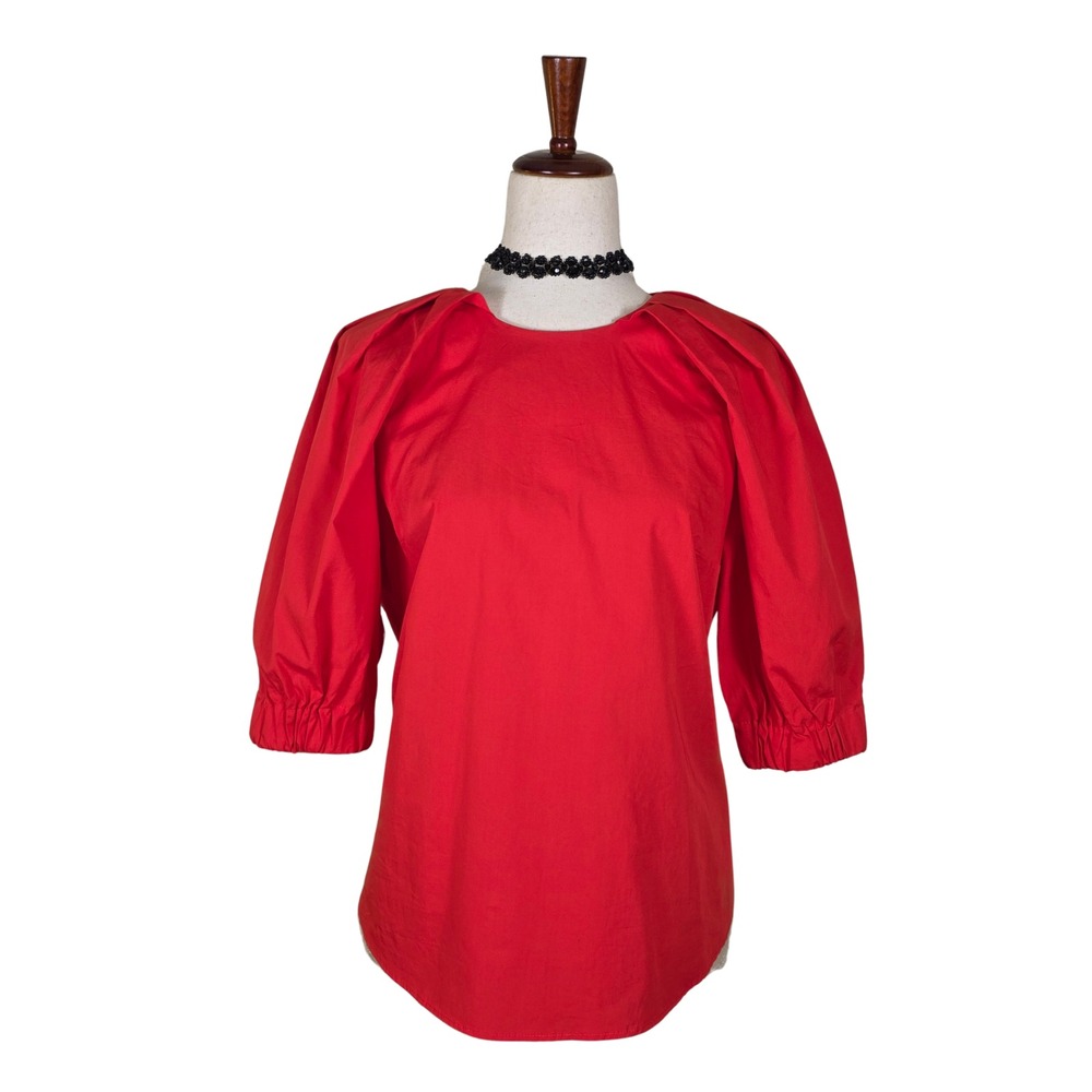 H&M Blouse Size 12 Red Puff Sleeve Pleated Basic Holiday Relaxed Office Wear